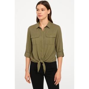 Michael By Michael Kors Shirt Womens Sz S Olive Green Button Tie Front Utility